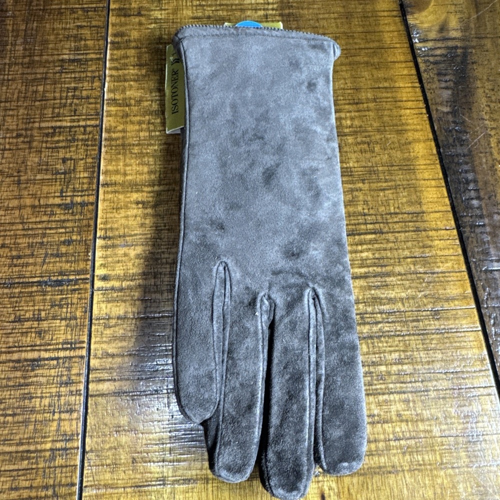 Vintage NOS Women's Isotoner Brown Suede Gloves Knit Lined 1998 Water Resistant - Picture 3 of 6